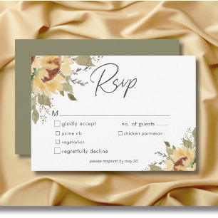 Soft Rustic Large Boho Sunflowers Wedding Dinner RSVP Card