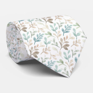 Soft Sage and Ochre Watercolor Leaves Pattern Tie