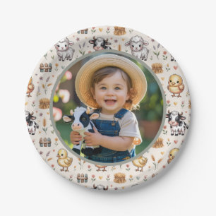 Soft Sage Farm Animals Kids Birthday Photo Paper Plate