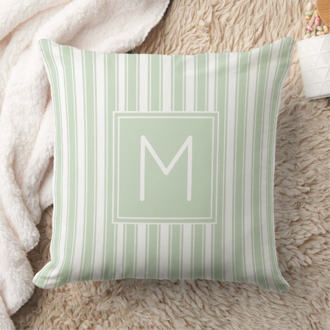 Soft Sage Green and White Ticking Stripe Monogram Cushion (Blanket)