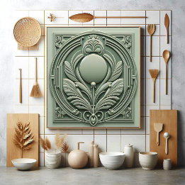 Soft Sage Green Art Deco Symmetric Botanical Motif Ceramic Tile