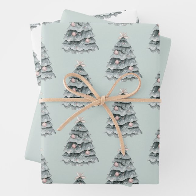 Soft Sage Green Christmas Blush Tree Ornament Wrapping Paper Sheet (In situ)