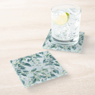 Soft Sage Green Eucalyptus Watercolour-style Glass Coaster