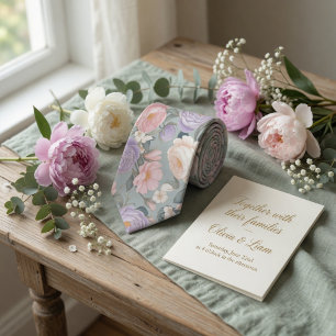Soft Sage Green Floral Pastel Peony Rose Tie