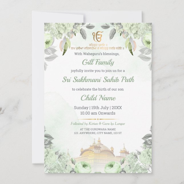 Soft Sage Green Floral Sukhmani Sahib Path Invite (Front)