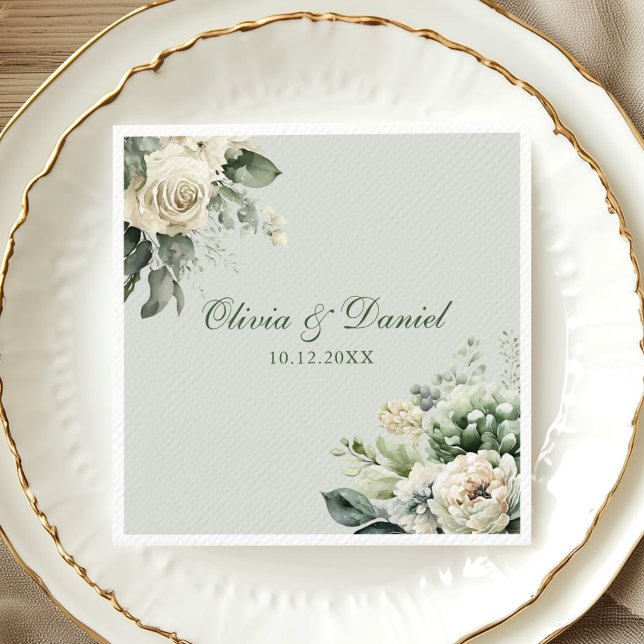 Soft Sage Green Floral Wedding Napkin (Soft Sage Green Floral Wedding Napkin on elegant gold and white porcelain plate)