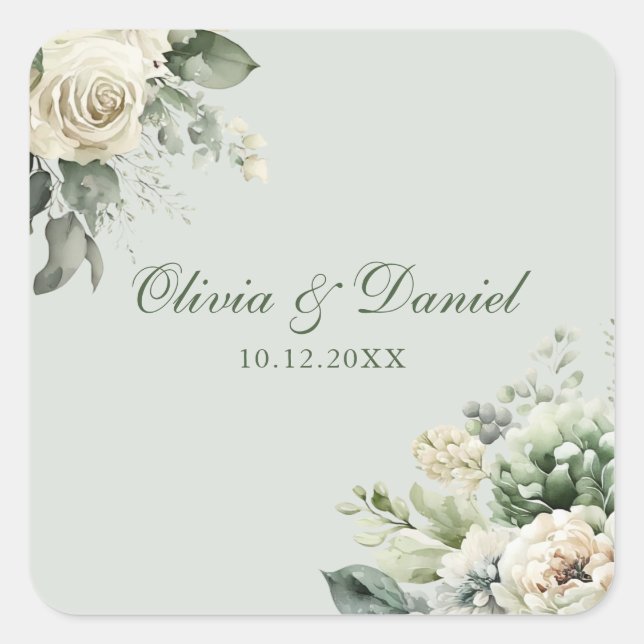 Soft Sage Green Floral Wedding Sticker (Front)