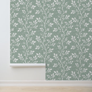 Soft Sage Green Minimal Botanical Branch Wallpaper