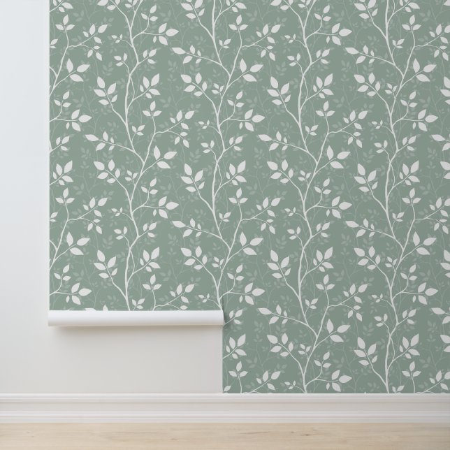 Soft Sage Green Minimal Botanical Branch Wallpaper (Application)