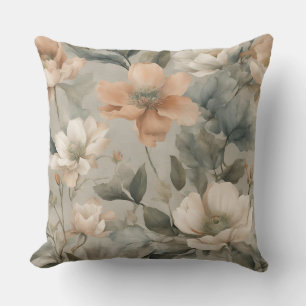Soft Sage Green Pale Orange Cottage Floral Print Cushion