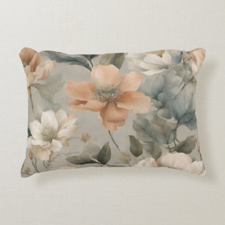 Soft Sage Green Pale Orange Cottage Floral Print Decorative Cushion