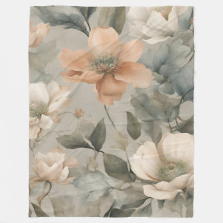 Soft Sage Green Pale Orange Cottage Floral Print Fleece Blanket