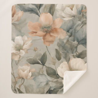 Soft Sage Green Pale Orange Cottage Floral Print Sherpa Blanket