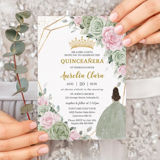 Soft Sage Green Pink Floral Gold Quinceañera Invitation (Creator Uploaded)