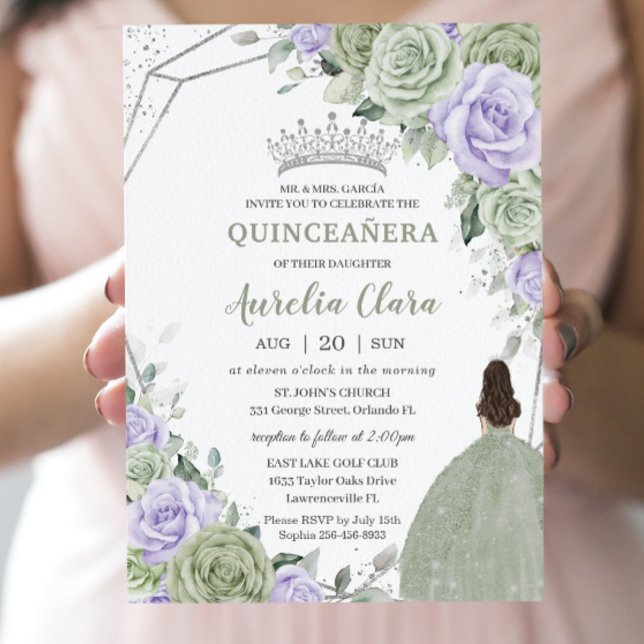 Soft Sage Green Purple Floral Silver Quinceañera Invitation (Creator Uploaded)