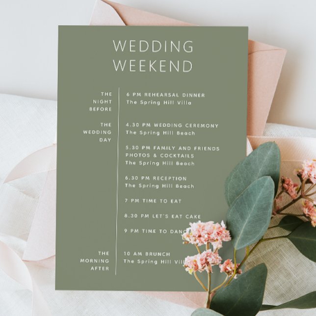 Soft Sage Green Wedding Welcome. Weekend Itinerary Invitation (Creator Uploaded)