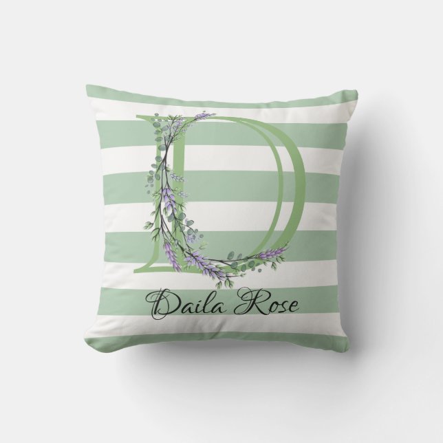 Soft sage green white strips letter D Cushion (Front)