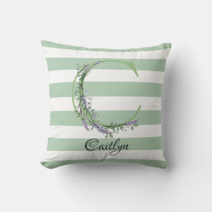 Soft sage green white strips monogram botanical cushion