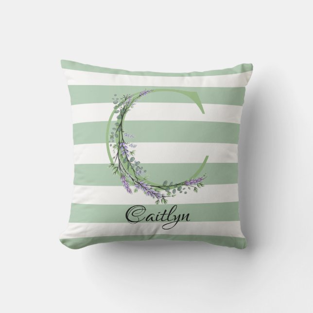 Soft sage green white strips monogram botanical cushion (Front)