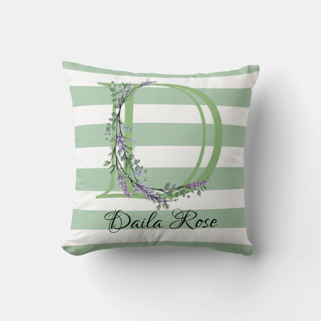 Soft sage green white strips monogram cushion (Front)