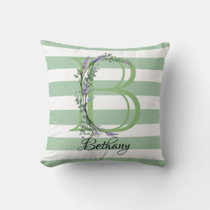 Soft sage green white strips monogram cushion