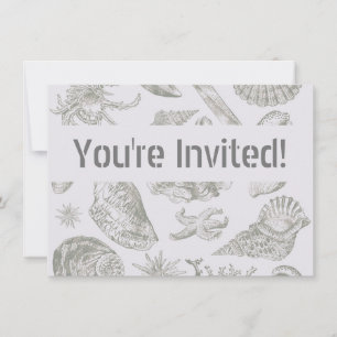 Soft Sage Grey Seashell Sketch Antique Nature Invitation