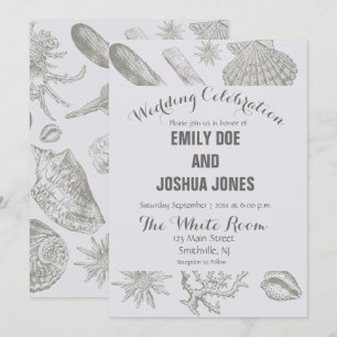 Soft Sage Grey Seashell Sketch Antique Nature Invitation
