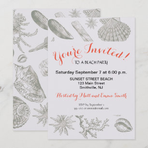 Soft Sage Grey Seashell Sketch Antique Nature Invitation