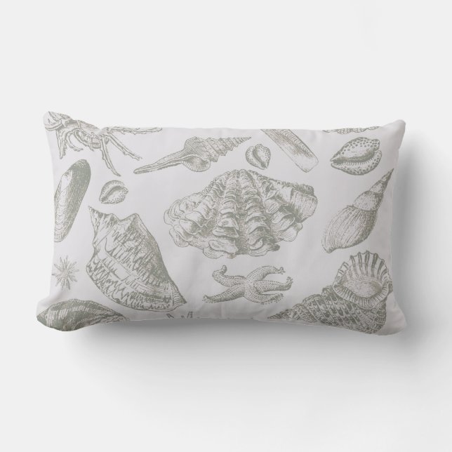 Soft Sage Grey Seashell Sketch Antique Nature Lumbar Cushion (Front)
