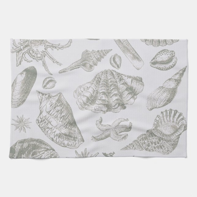 Soft Sage Grey Seashell Sketch Antique Nature Tea Towel (Horizontal)
