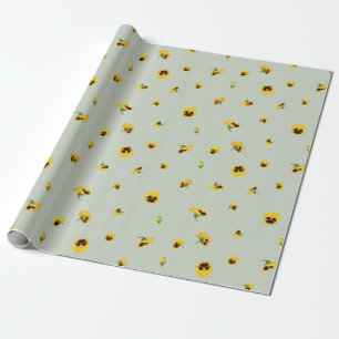 Soft Sage Japanese Yellow Pansy Floral Pattern Wrapping Paper