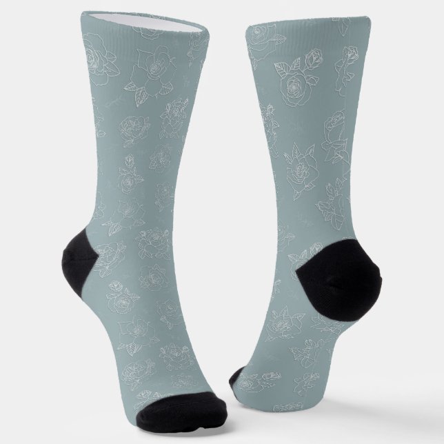 Soft Sage Rose Line-Art Socks (Angled)