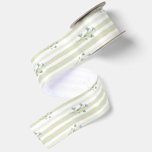Soft Sage Stripe & Blue Wildflower Watercolor Satin Ribbon