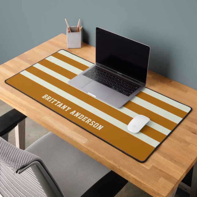 Soft Sage & Warm Brown Stripes Pattern  Desk Mat (Office 2)