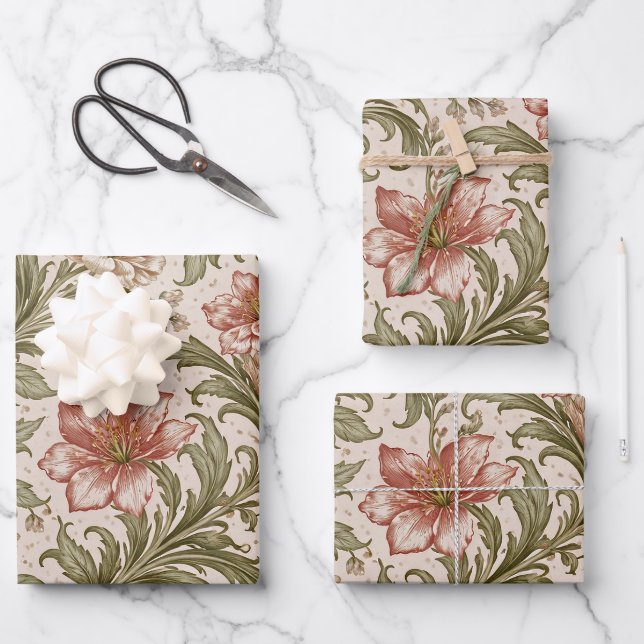 Soft Scrollwork Garden Floral Pattern Wrapping Paper Sheet (Front)