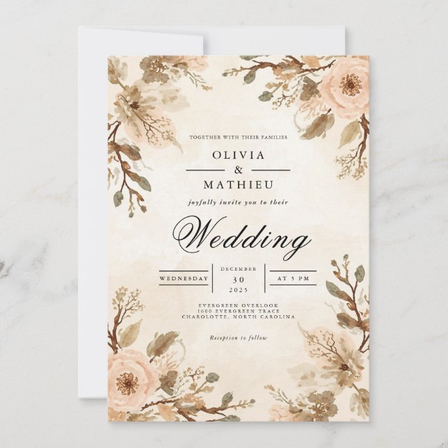 Soft Sepia Bloom Accent Wedding Invitation (Front)
