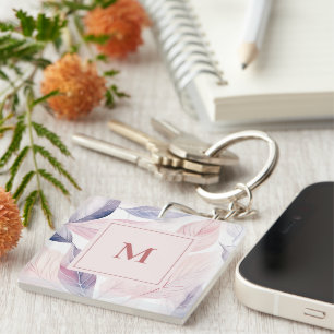 Soft Serenity Watercolor Leaves Custom Monogram Key Ring