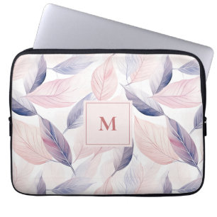 Soft Serenity Watercolor Leaves Custom Monogram Laptop Sleeve