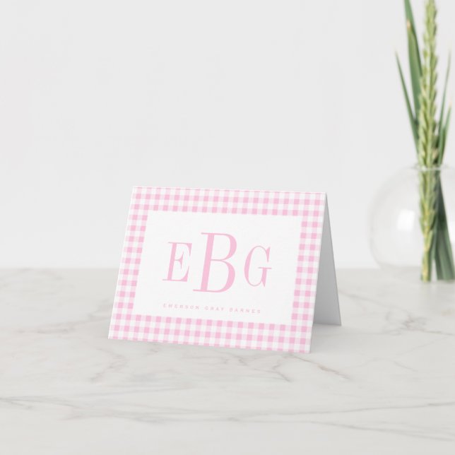 Soft Shell Pink Gingham Three Letter Monogram Note Thank You Card (Front)