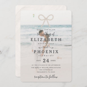 Soft Simple Pearl Bow Custom Photo Elegant Wedding Invitation