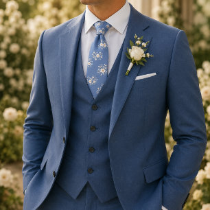 Soft Sky Blue White Blossom Pattern Tie