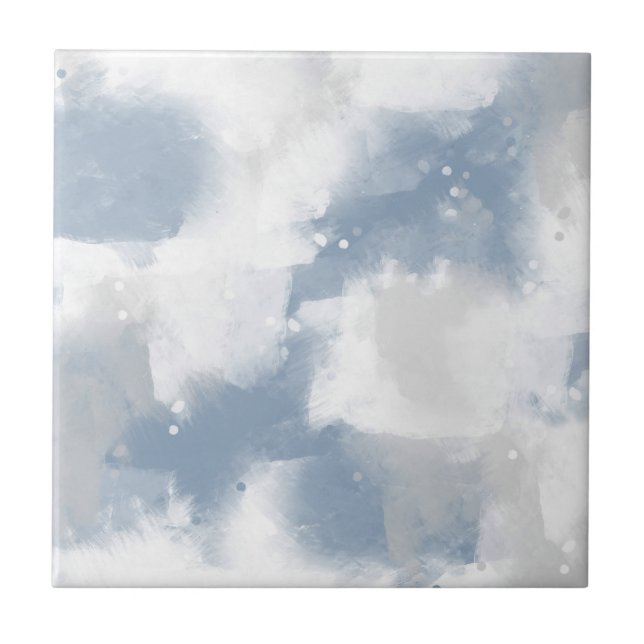Soft Slate Blue Grey & White Abstract Brushstroke Ceramic Tile (Front)