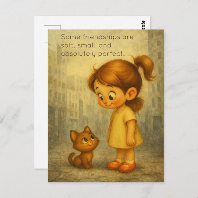 Soft & Small Friendships – Cute Girl and Cat Postcard (Front/Back)