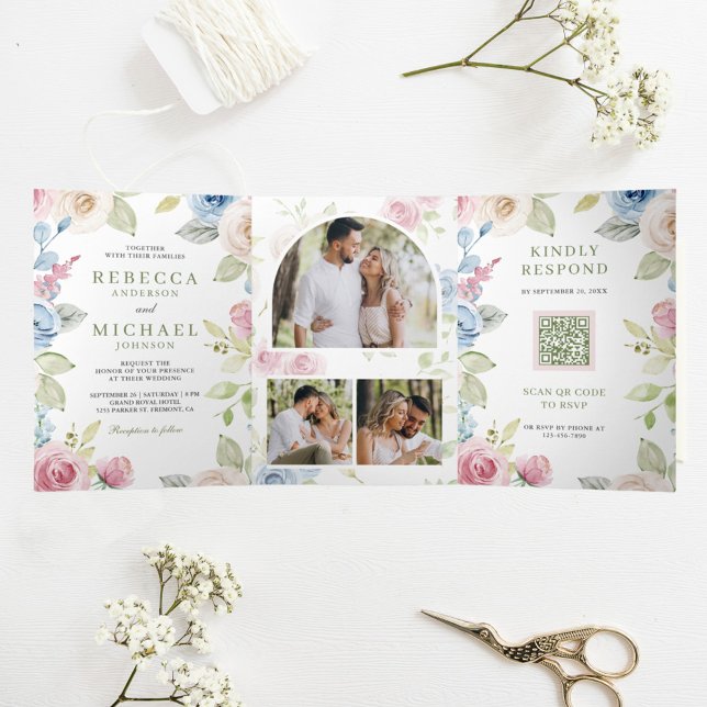 Soft Spring Floral All in One QR Code Wedding Tri-Fold Invitation (Creator Uploaded)