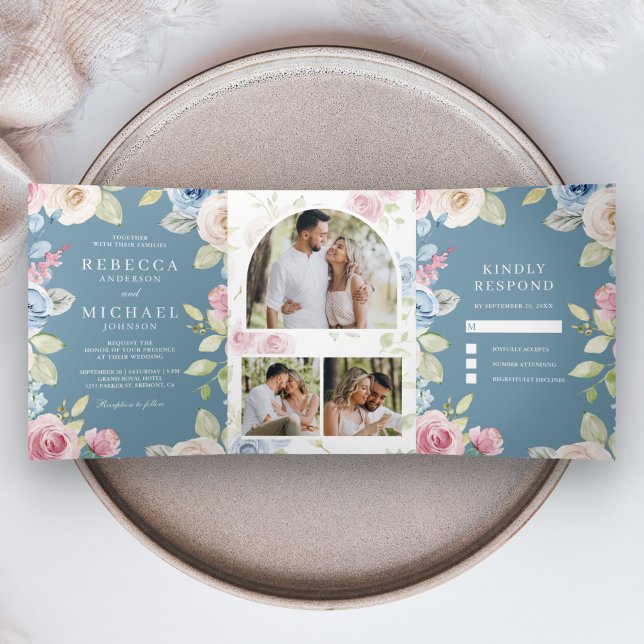 Soft Spring Floral Dusty Blue Wedding Tri-Fold Invitation (Creator Uploaded)