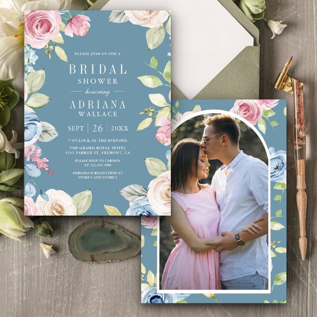 Soft Spring Floral Photo Dusty Blue Bridal Shower Invitation (Creator Uploaded)
