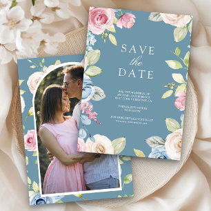 Soft Spring Floral Photo Dusty Blue Wedding Save The Date