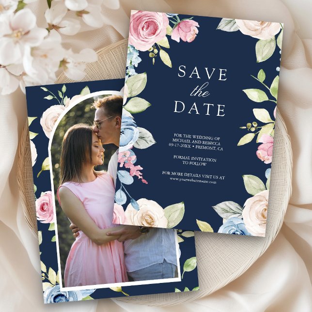 Soft Spring Floral Photo Navy Blue Wedding Save The Date (Creator Uploaded)