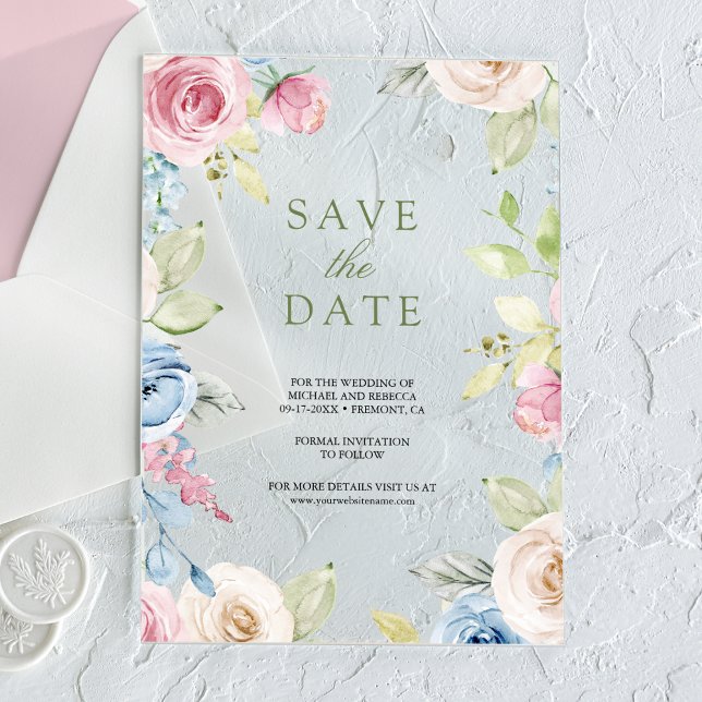 Soft Spring Floral Wedding Save the Date Acrylic Invitations (Creator Uploaded)