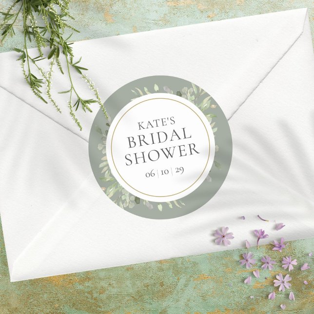 Soft Spring Leaves Silver Sage Bridal Shower Classic Round Sticker (Creator Uploaded)